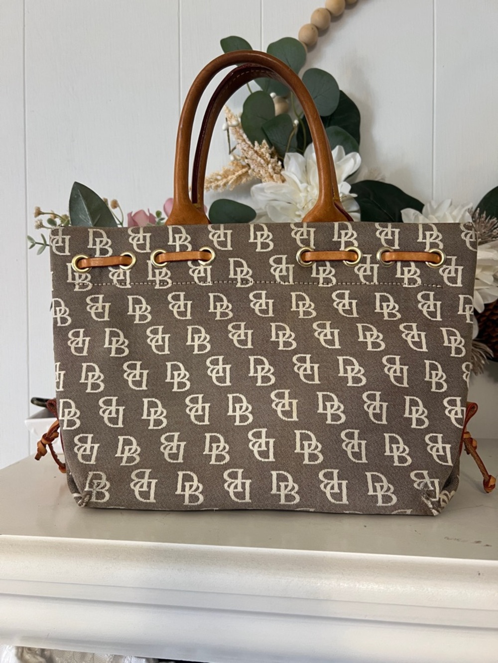 Dooney & Bourke Vintage Monogram Drawstring Bucket Tote with Leather Trim - Picture 2 of 15